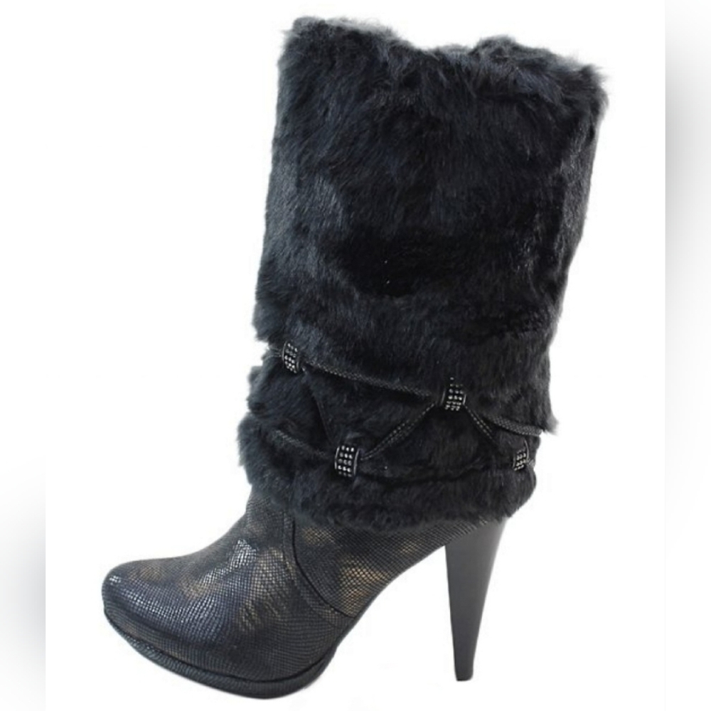 NWOT Black Snake Embossed Furry Cuff Stilleto Boot Sz 7